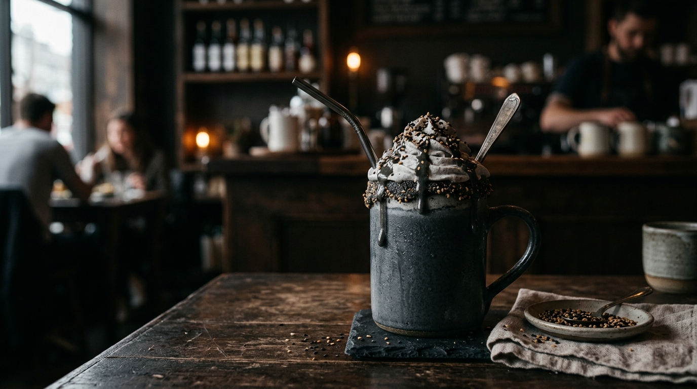 Finished creamy black sesame milkshake served