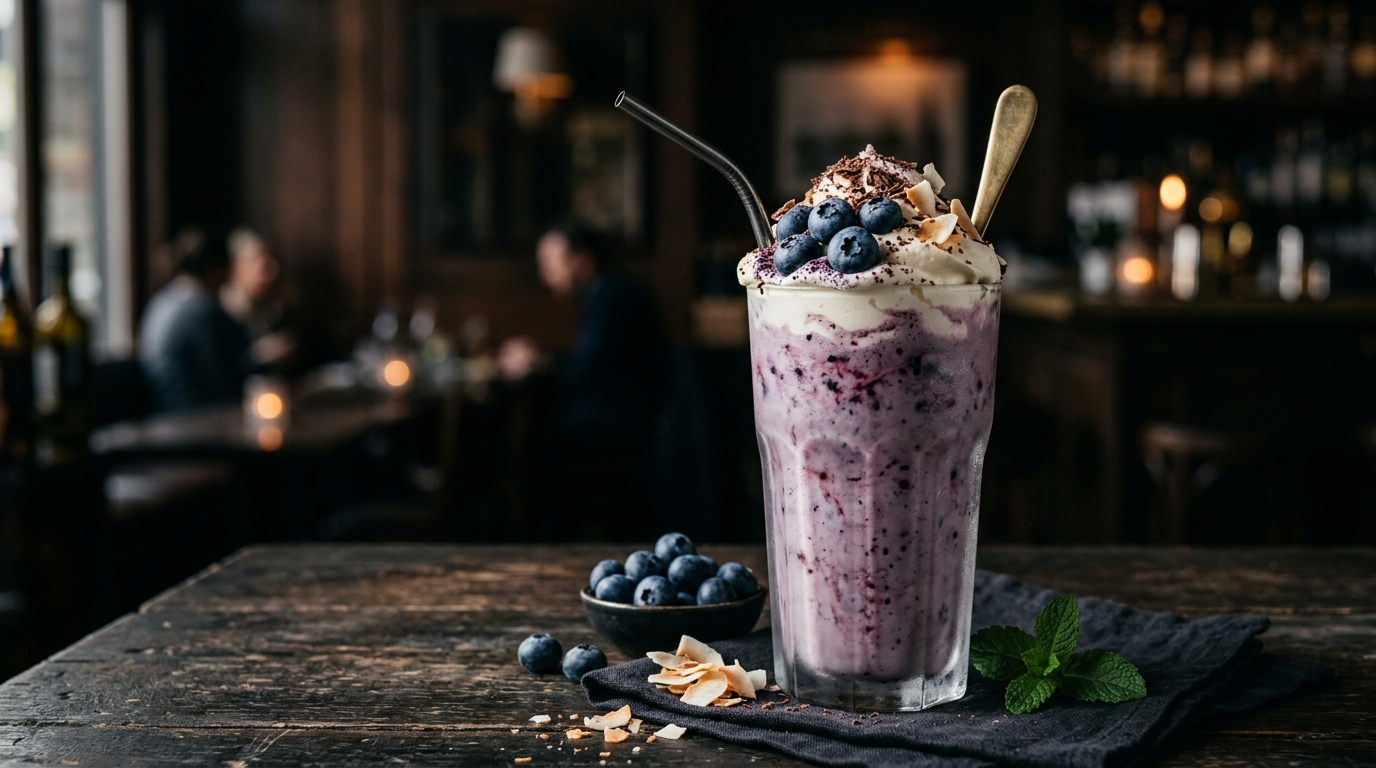 Finished luxurious blueberry and coconut milkshake served