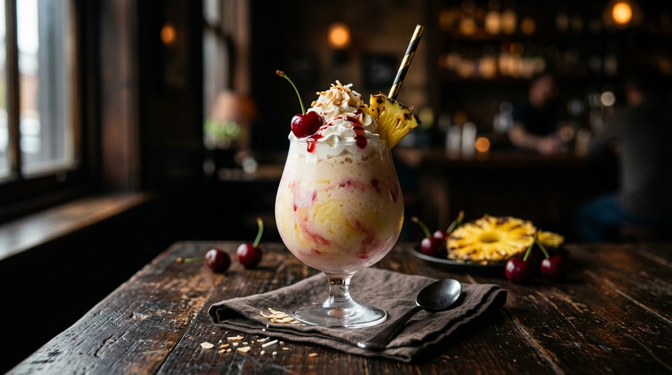 Finished refreshing pineapple and cherry milkshake served