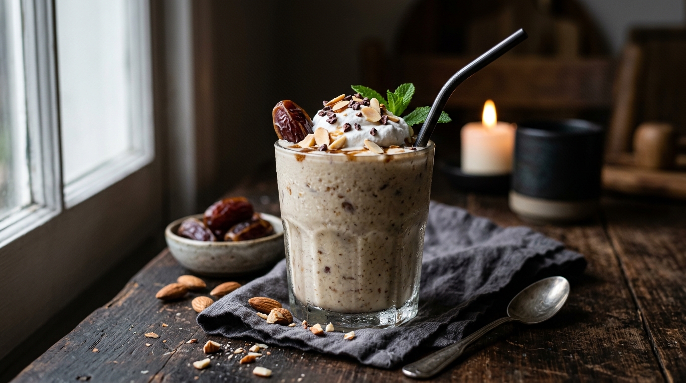 Finished vegan date and almond milkshake served