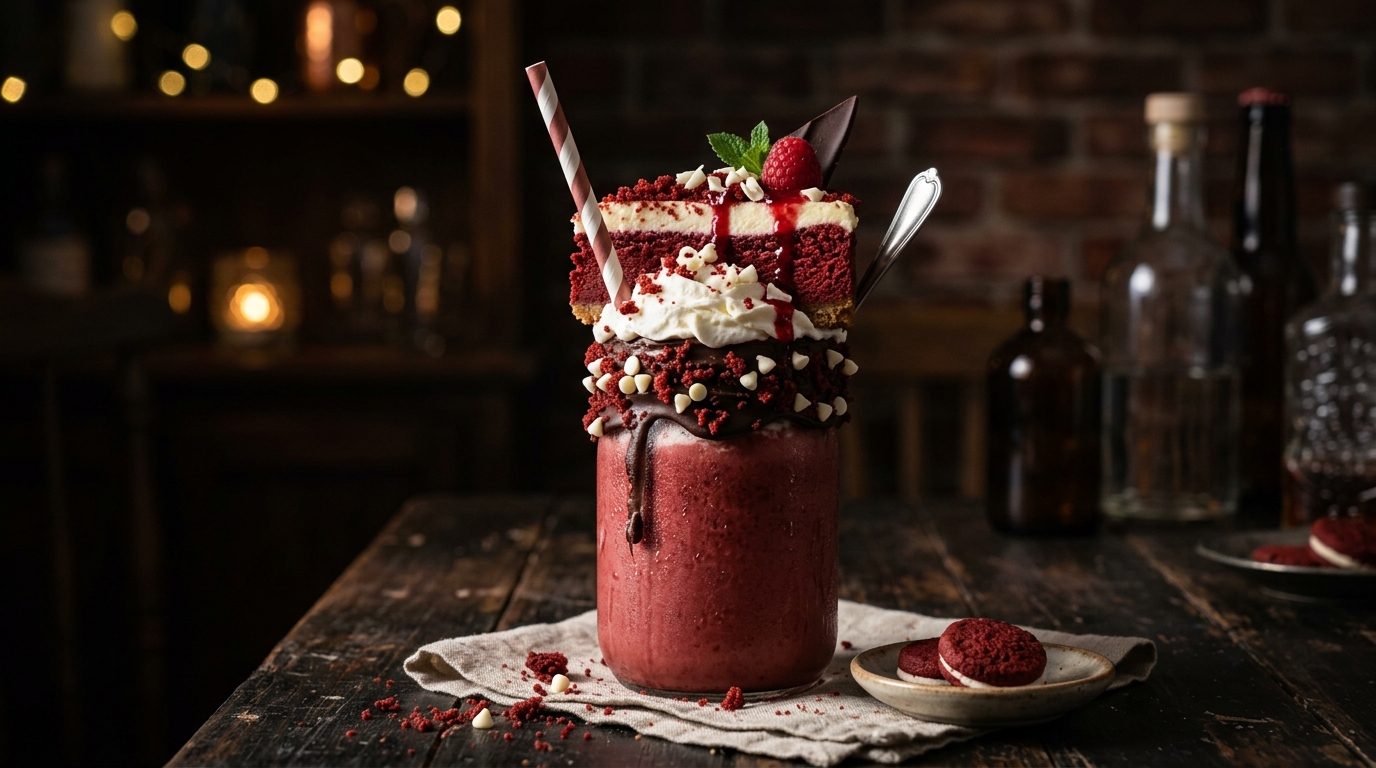 Finished red velvet cheesecake dessert milkshake served