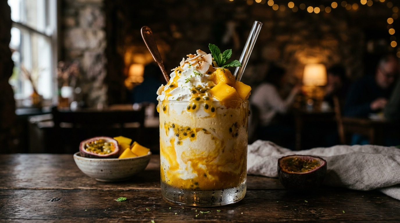 Finished exotic mango and passionfruit milkshake served