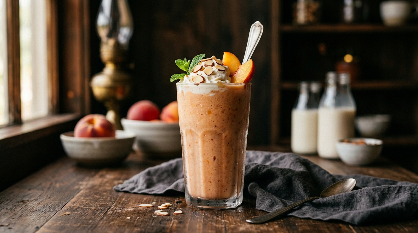 Finished refreshing peach almond milkshake served
