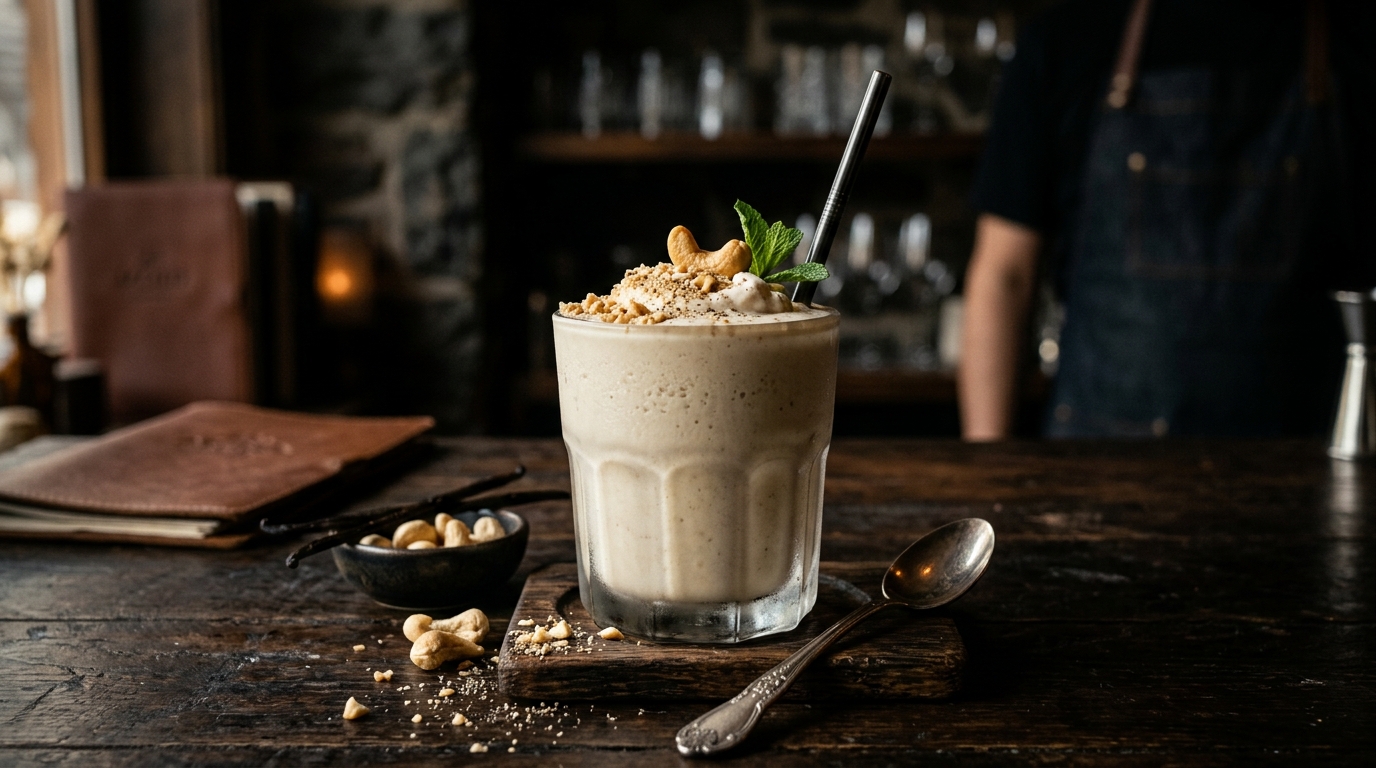 Finished smooth cashew vanilla protein milkshake served