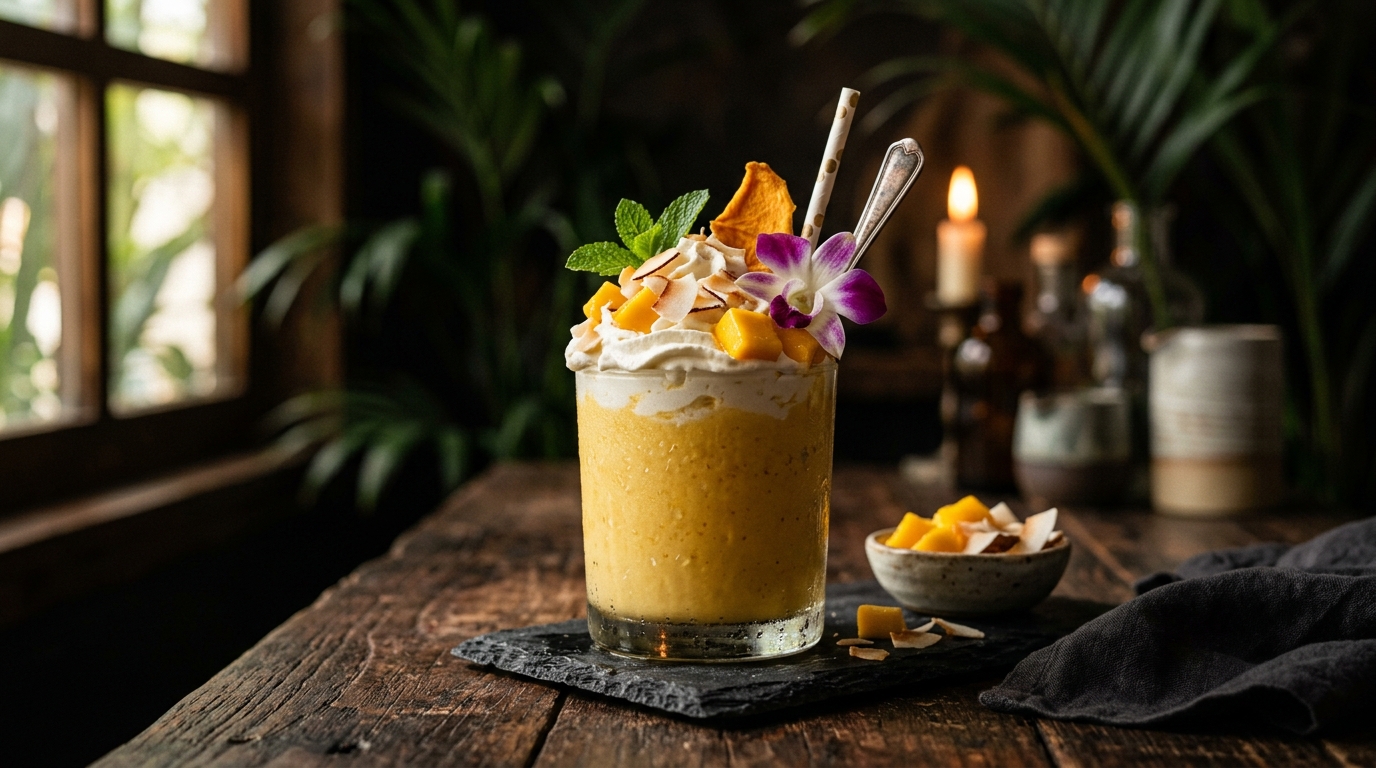 Finished exotic mango coconut milkshake served