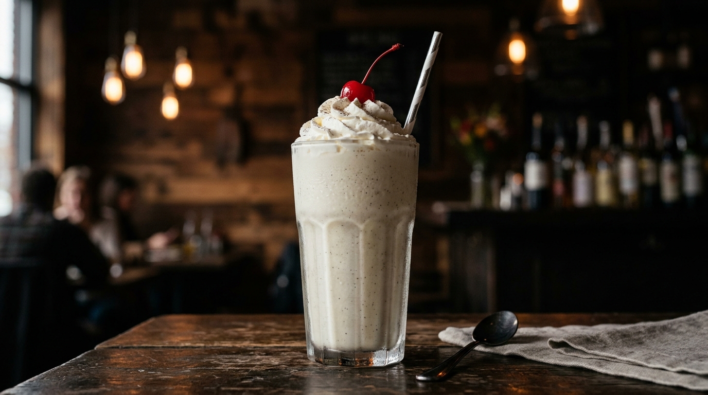 Finished classic vanilla bean milkshake with whipped cream served