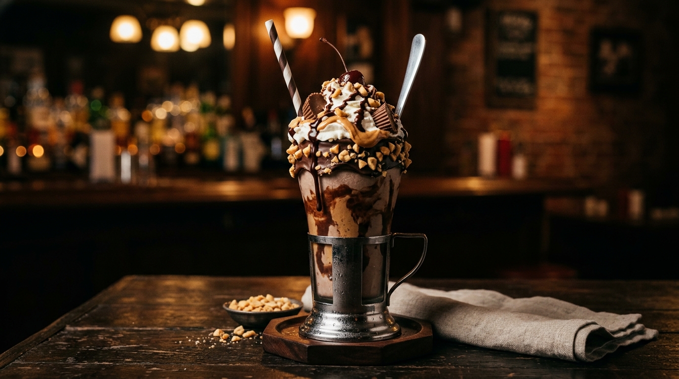 Finished decadent chocolate peanut butter milkshake served