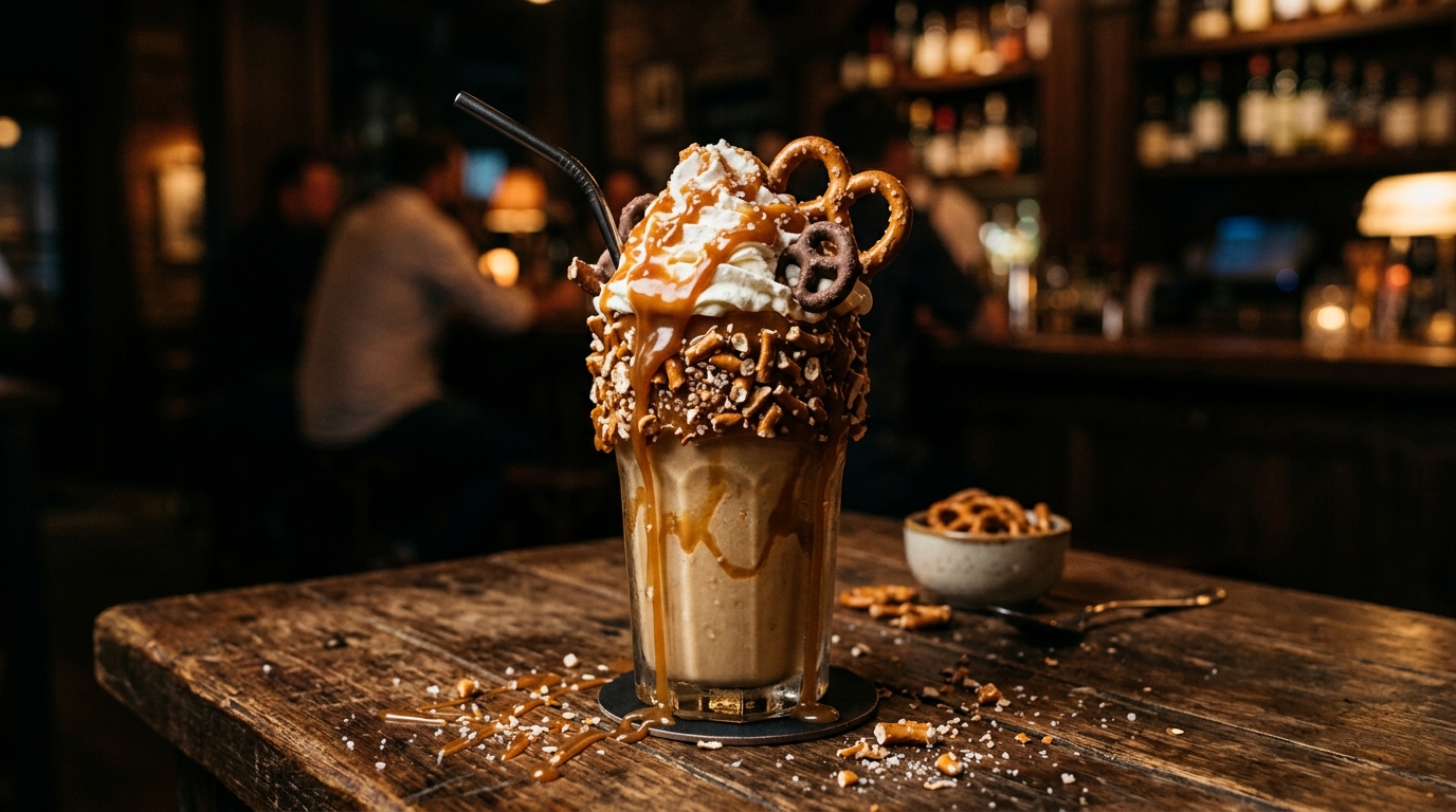 Finished salted caramel pretzel dessert milkshake served