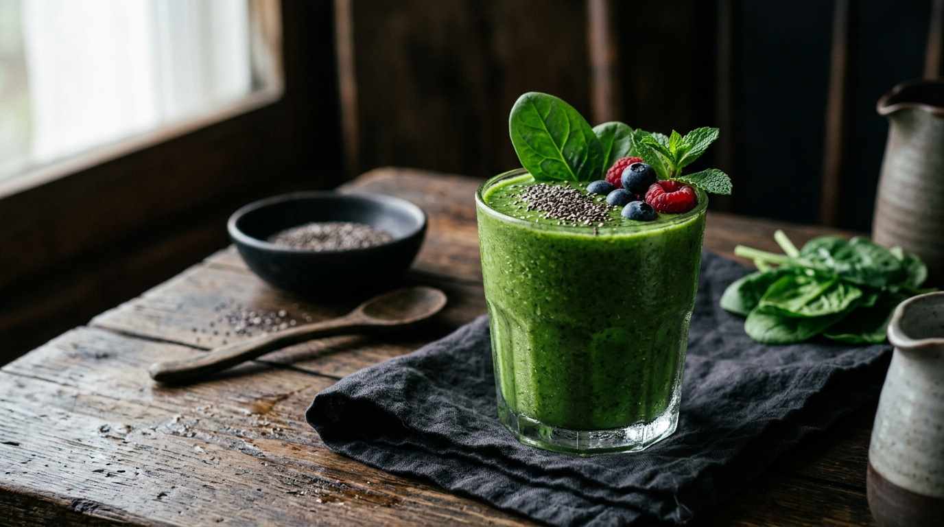 Finished green detox smoothie with spinach and chia seeds served