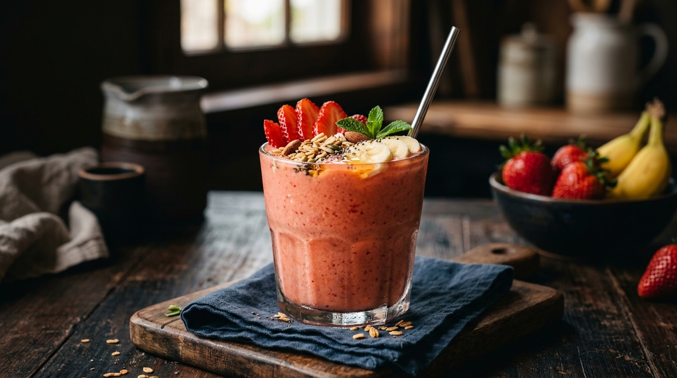 Finished strawberry banana smoothie with greek yogurt served