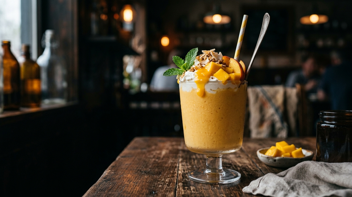 Finished refreshing mango peach milkshake served