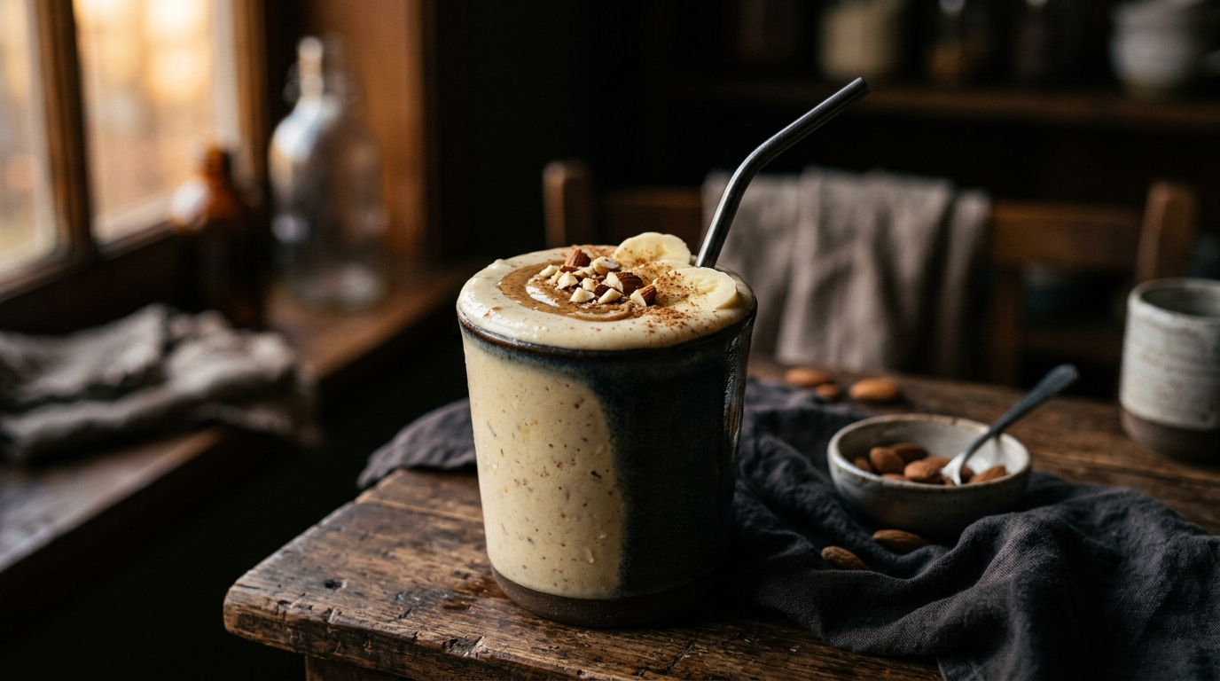 Finished healthy banana almond milkshake served