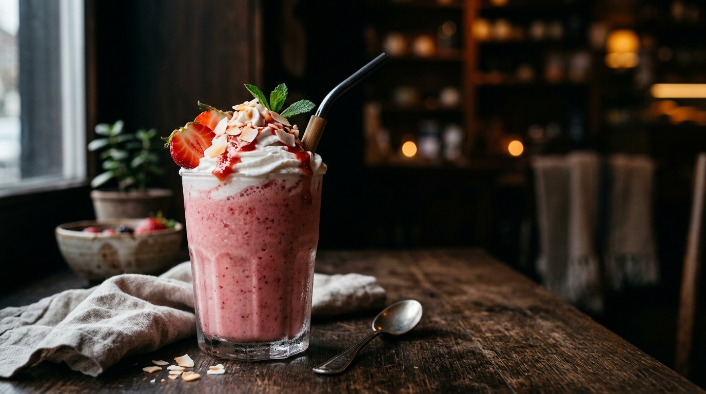 Finished vegan strawberry coconut milkshake served