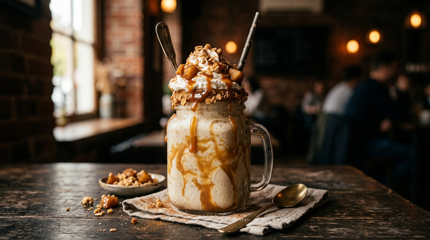 Finished creamy caramel apple milkshake served