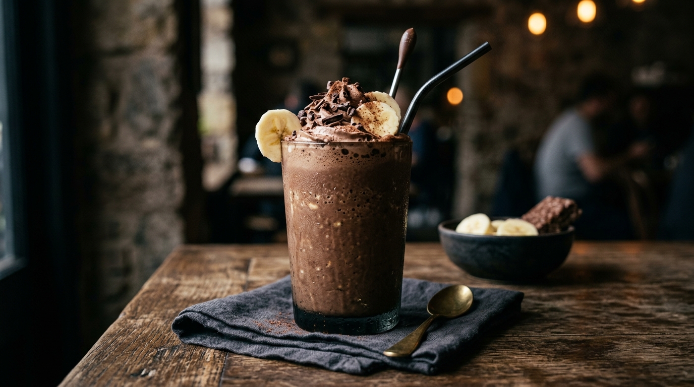 Finished high protein chocolate banana milkshake served