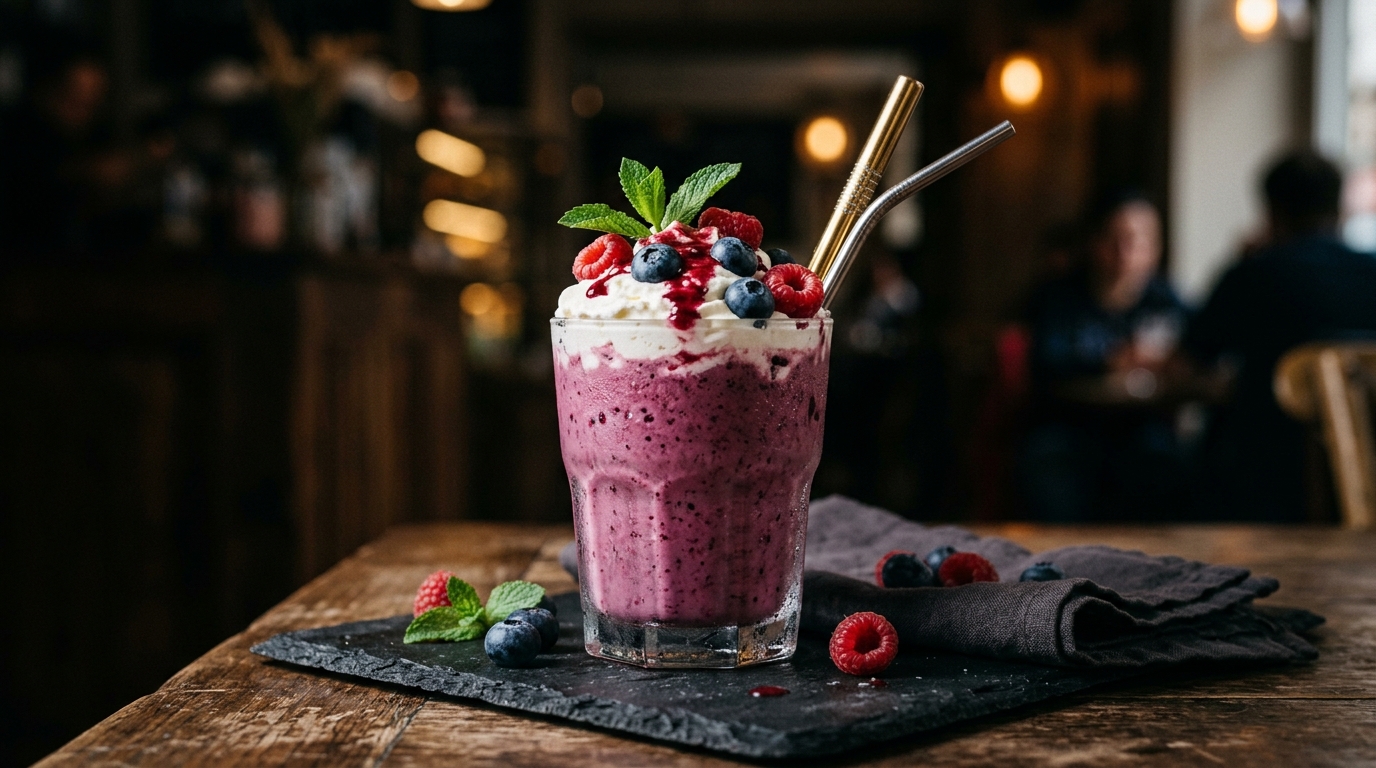 Finished refreshing blueberry raspberry milkshake served