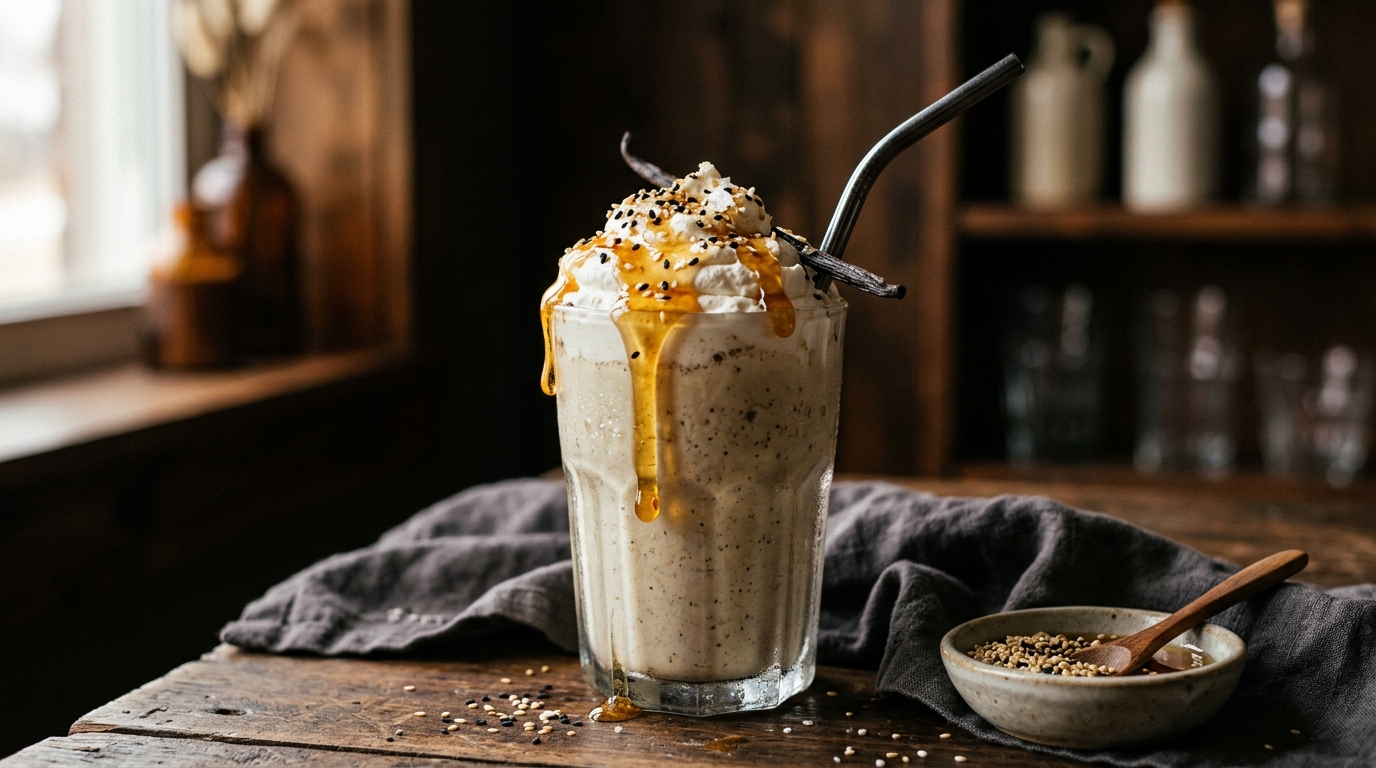 Finished tahini vanilla milkshake with honey drizzle served