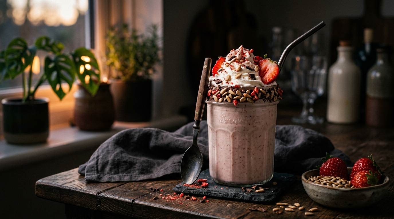 Finished sunflower seed strawberry milkshake served