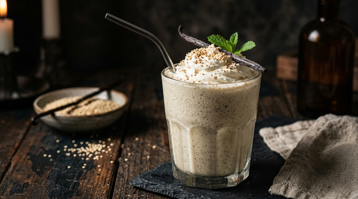 Finished quinoa vanilla bean milkshake served