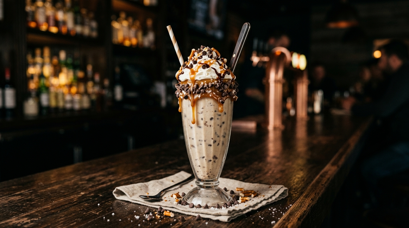 Finished salted caramel chocolate chip milkshake served