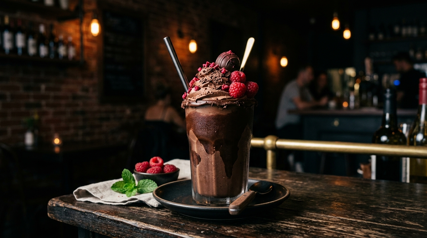 Finished dark chocolate raspberry truffle milkshake served