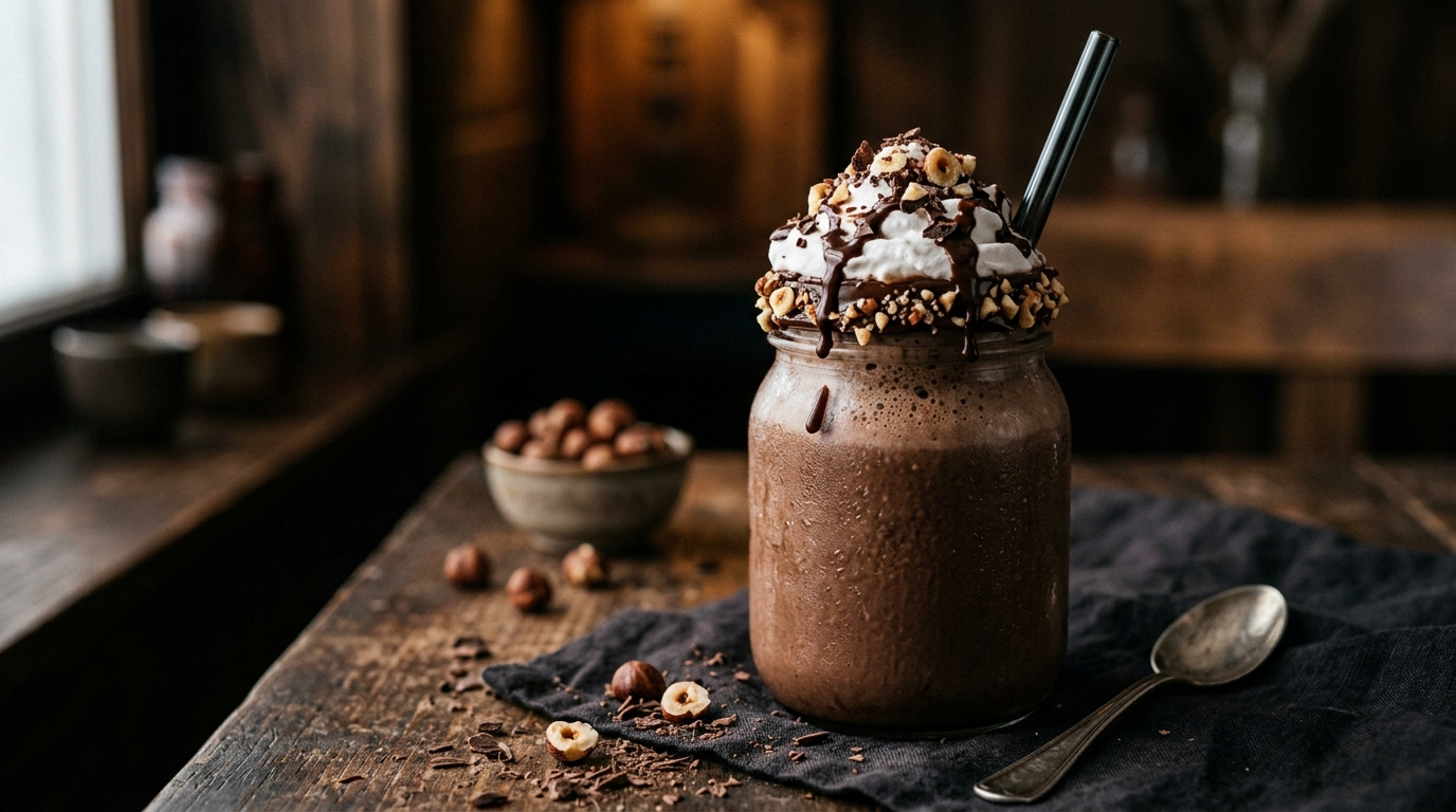 Finished vegan chocolate hazelnut milkshake served