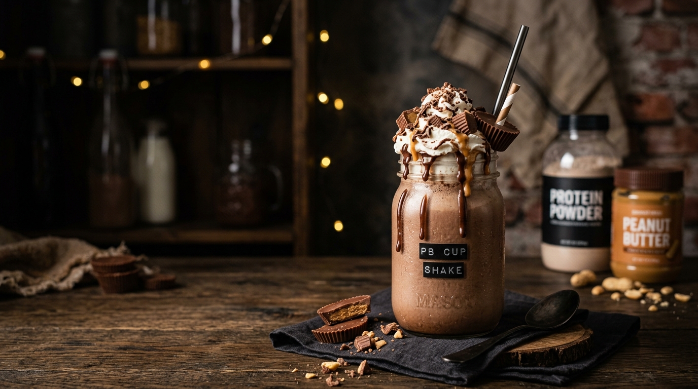 Finished peanut butter cup protein milkshake served