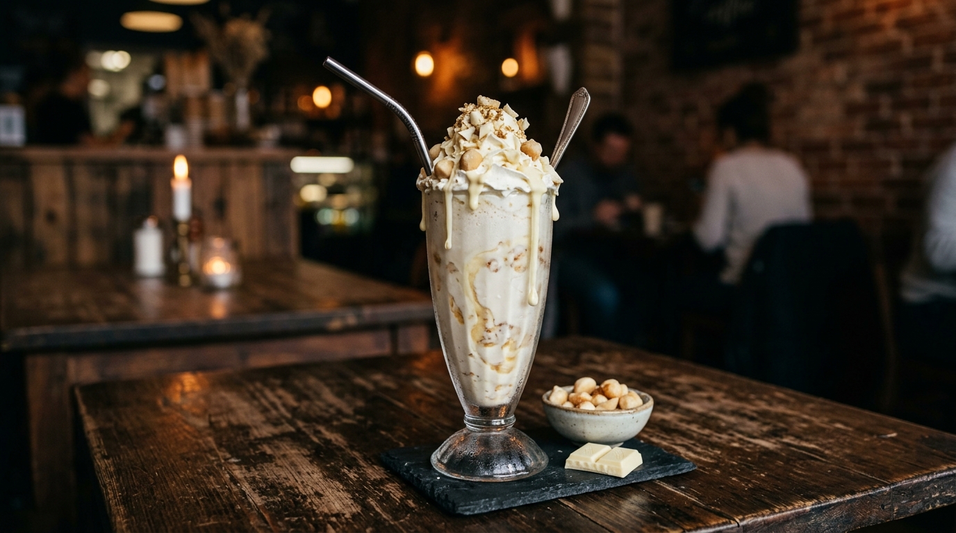 Finished white chocolate macadamia nut milkshake served