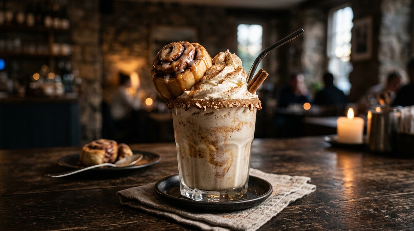 Finished cinnamon roll milkshake served