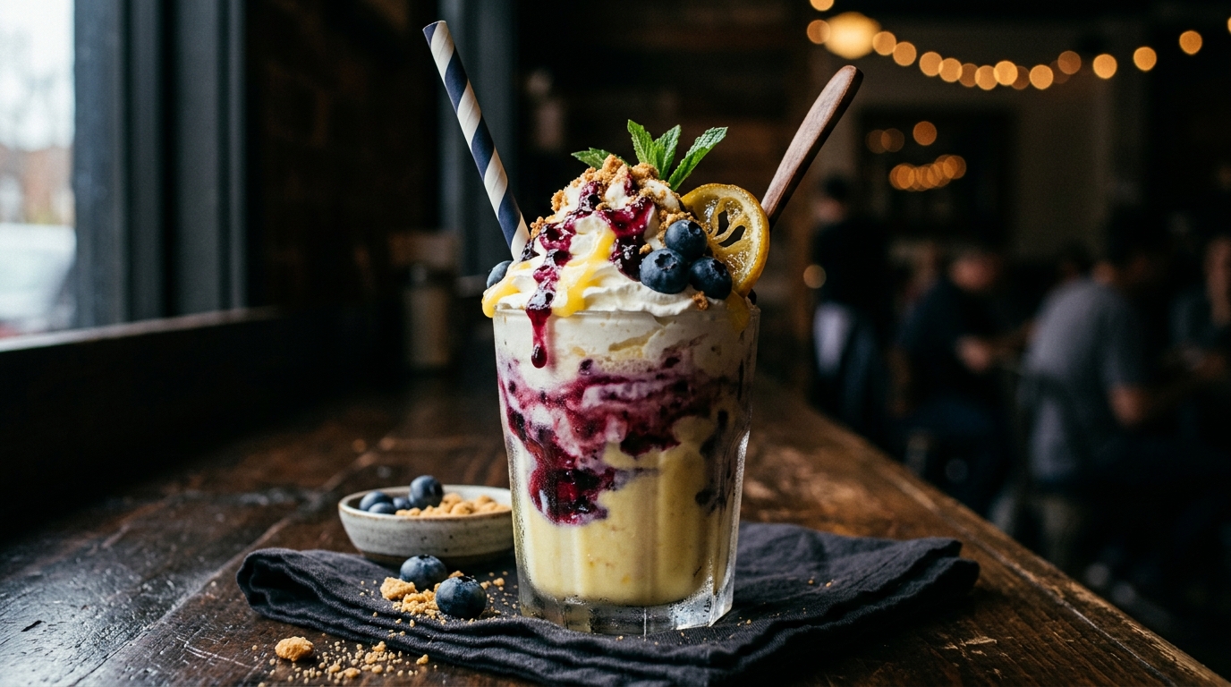 Finished lemon blueberry cheesecake milkshake served