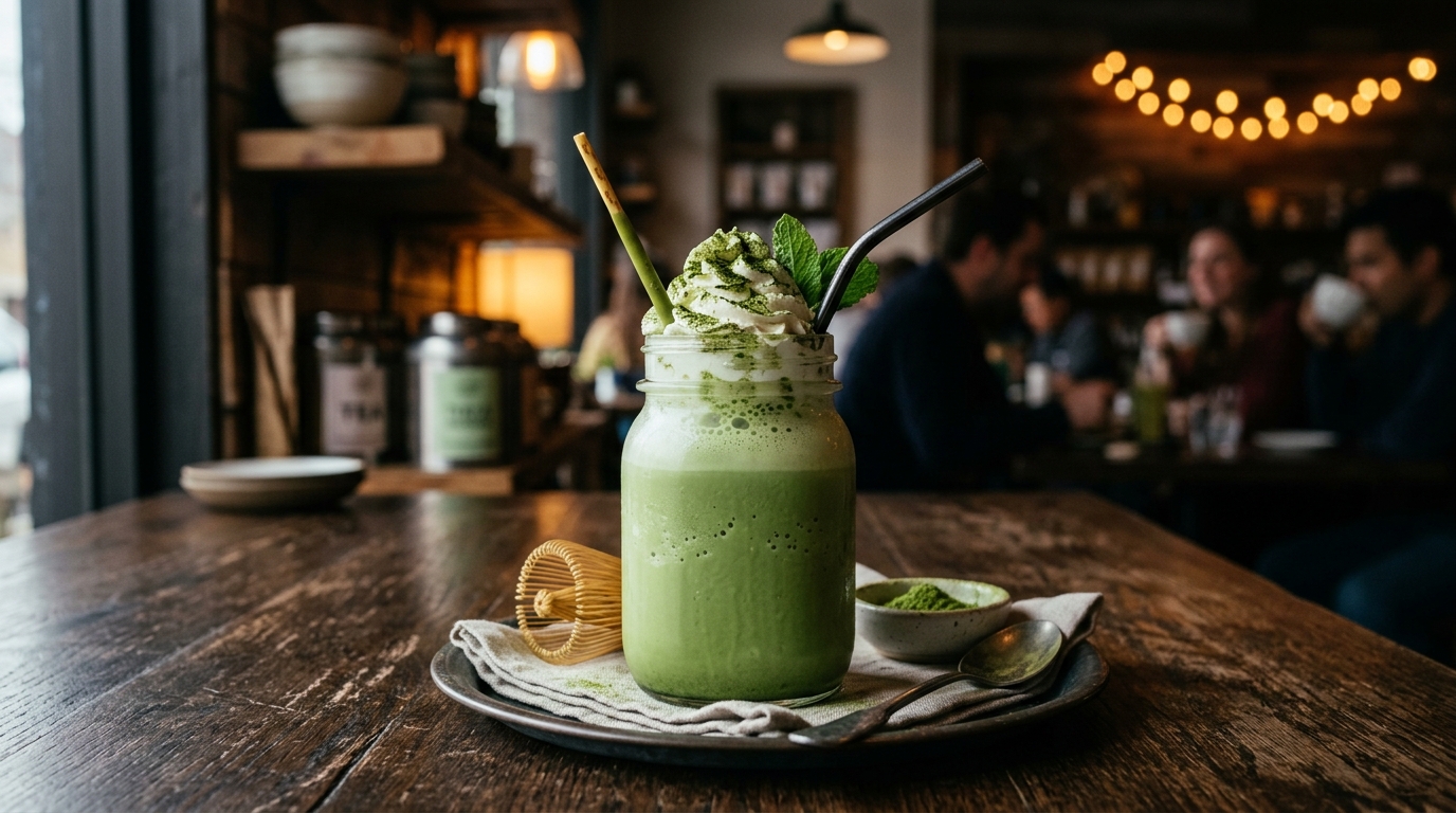 Finished matcha green tea milkshake served