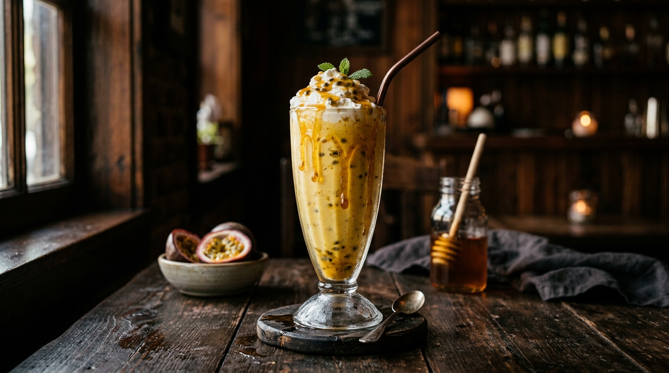 Finished passion fruit milkshake with honey drizzle served