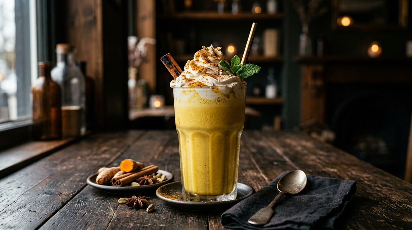 Finished turmeric golden milk milkshake served