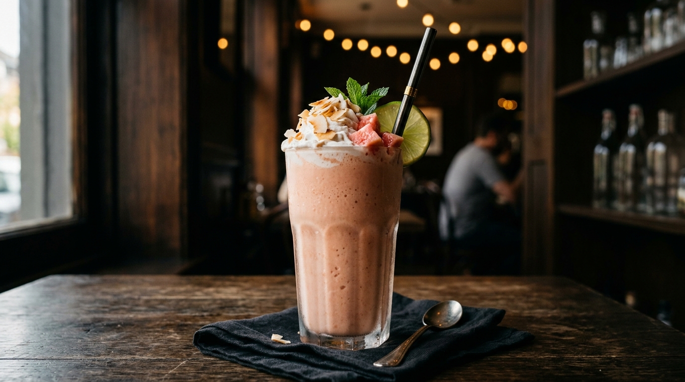 Finished guava and coconut vegan milkshake served