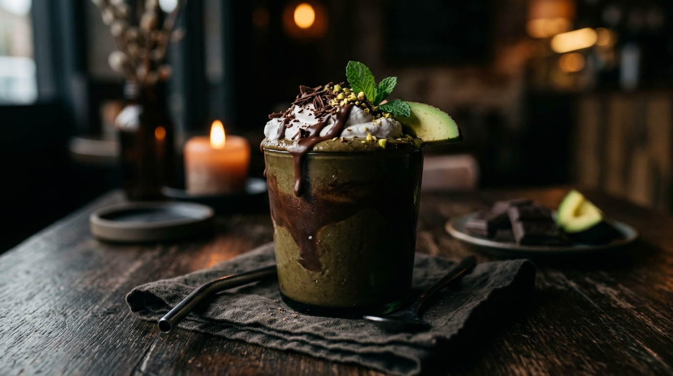 Finished vegan chocolate avocado milkshake served