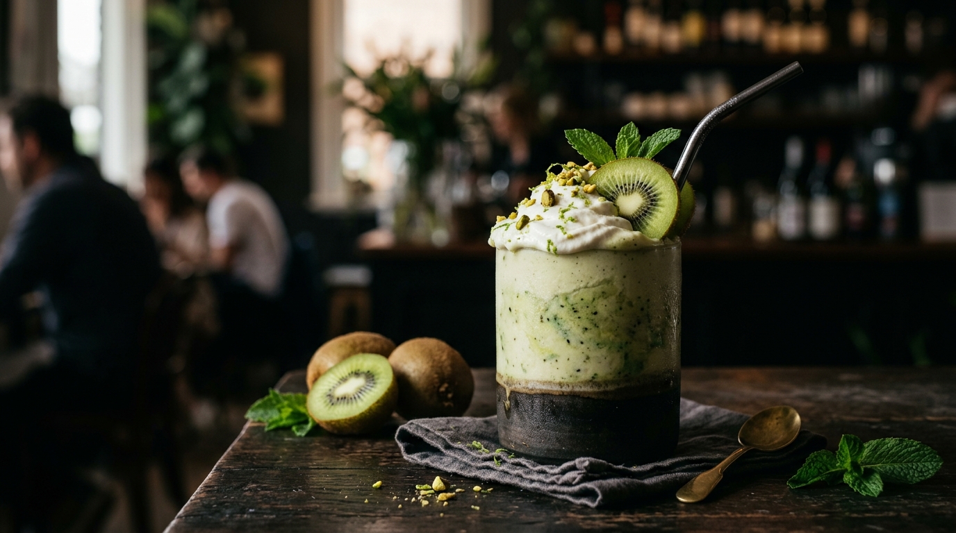 Finished kiwi and mint vegan milkshake served