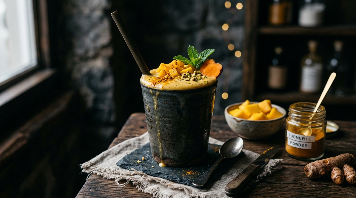 Finished mango and turmeric healthy milkshake served