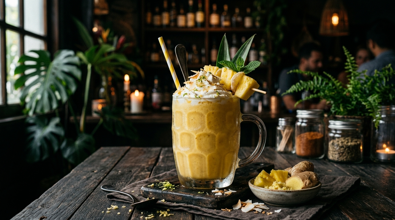 Finished pineapple and ginger tropical milkshake served