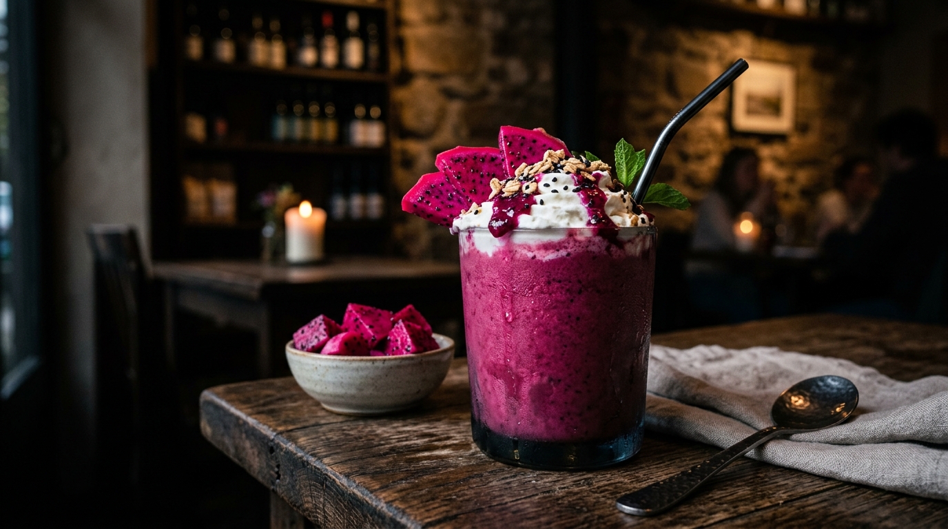 Finished dragon fruit protein milkshake served