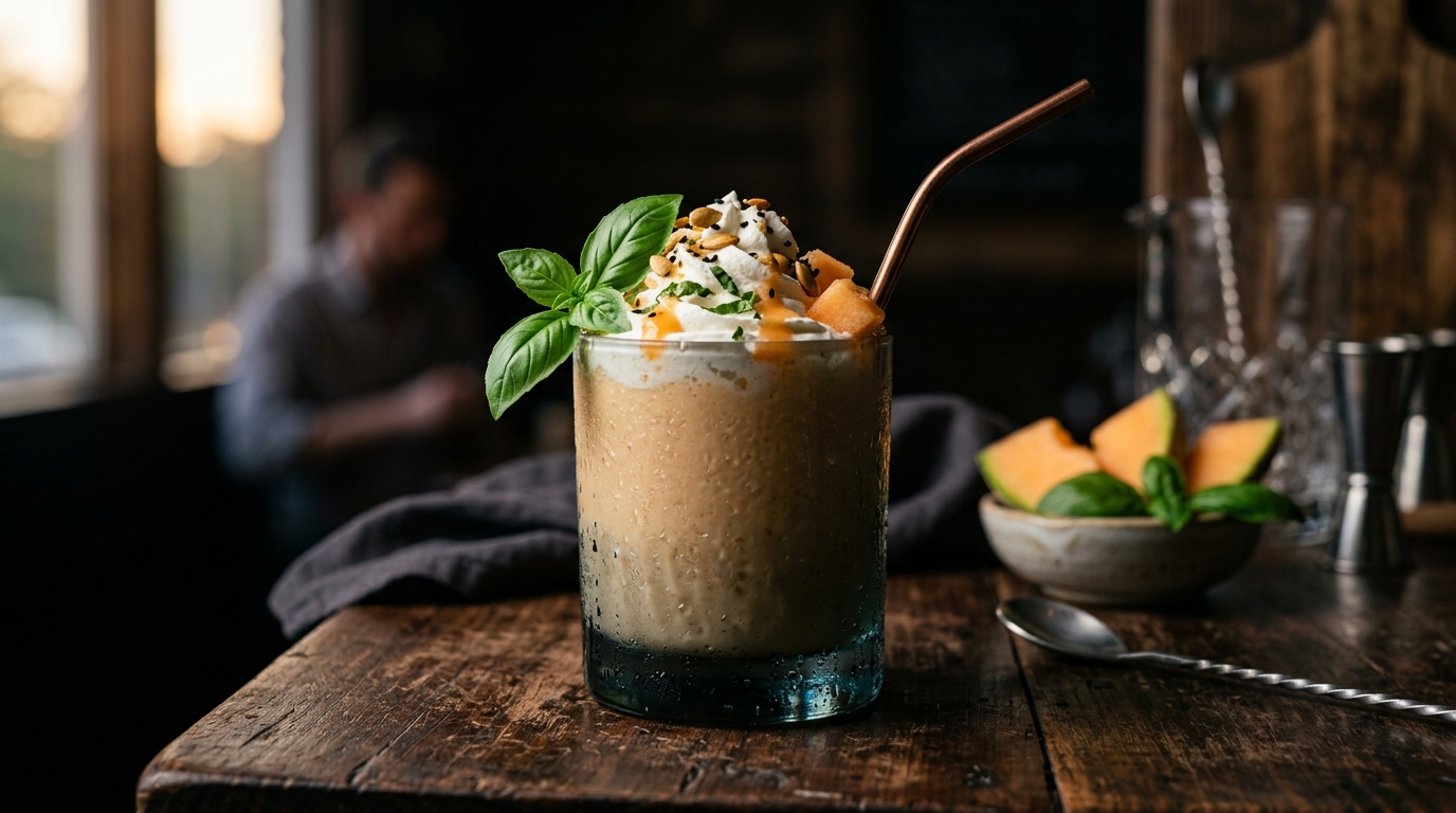 Finished cantaloupe and basil refreshing milkshake served