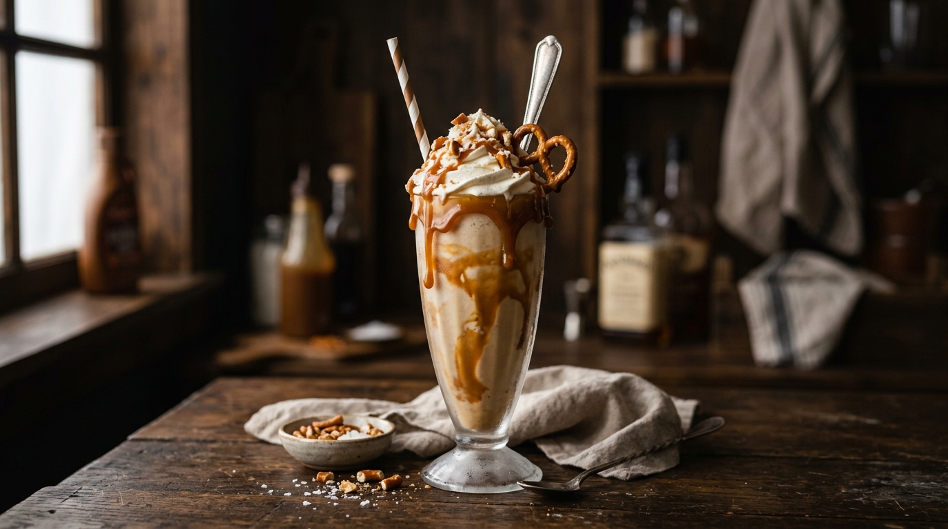 Finished salted caramel pretzel milkshake recipe served