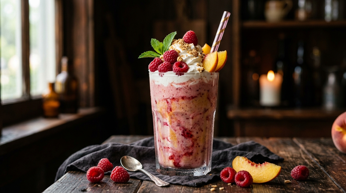 Finished creamy peach raspberry milkshake served