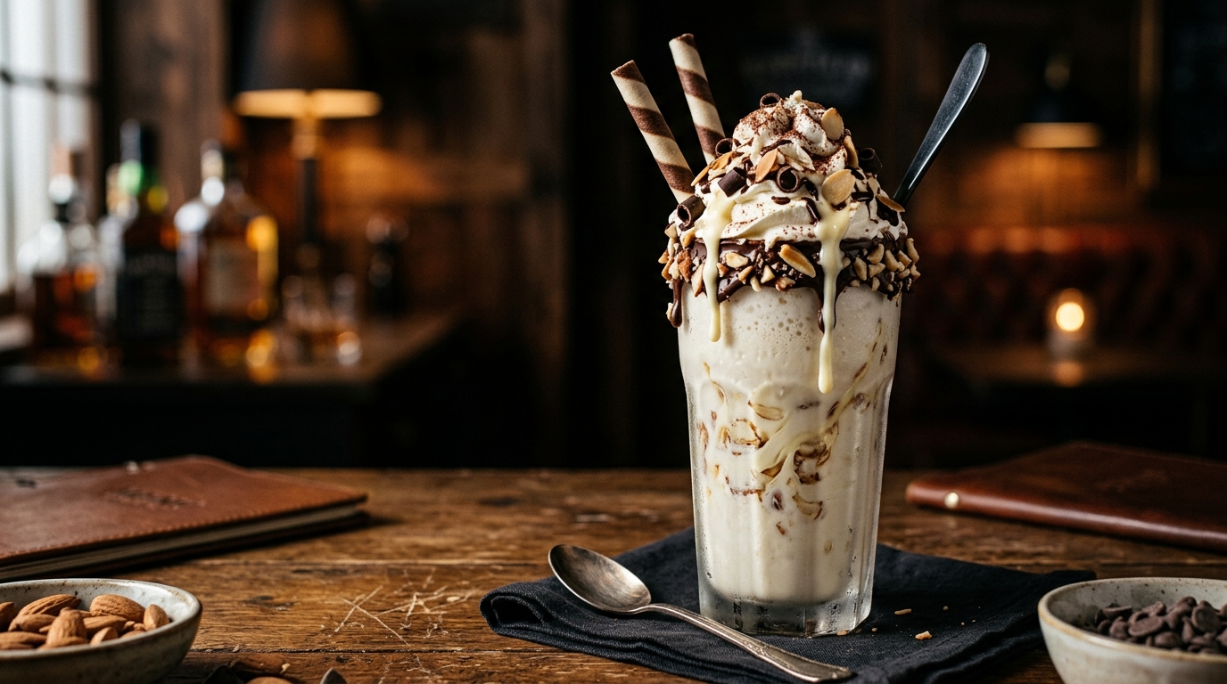 Finished decadent white chocolate almond milkshake served