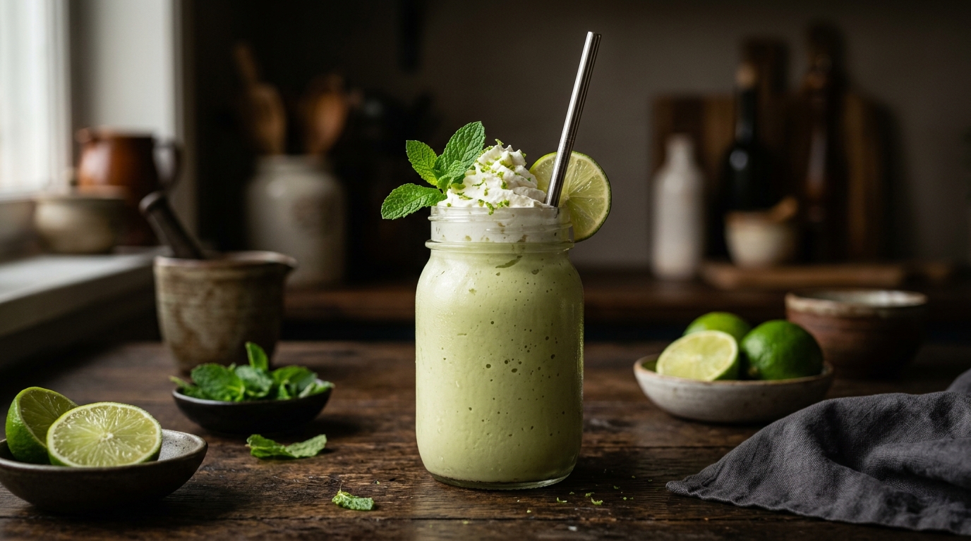Finished creamy avocado lime milkshake with a hint of mint served