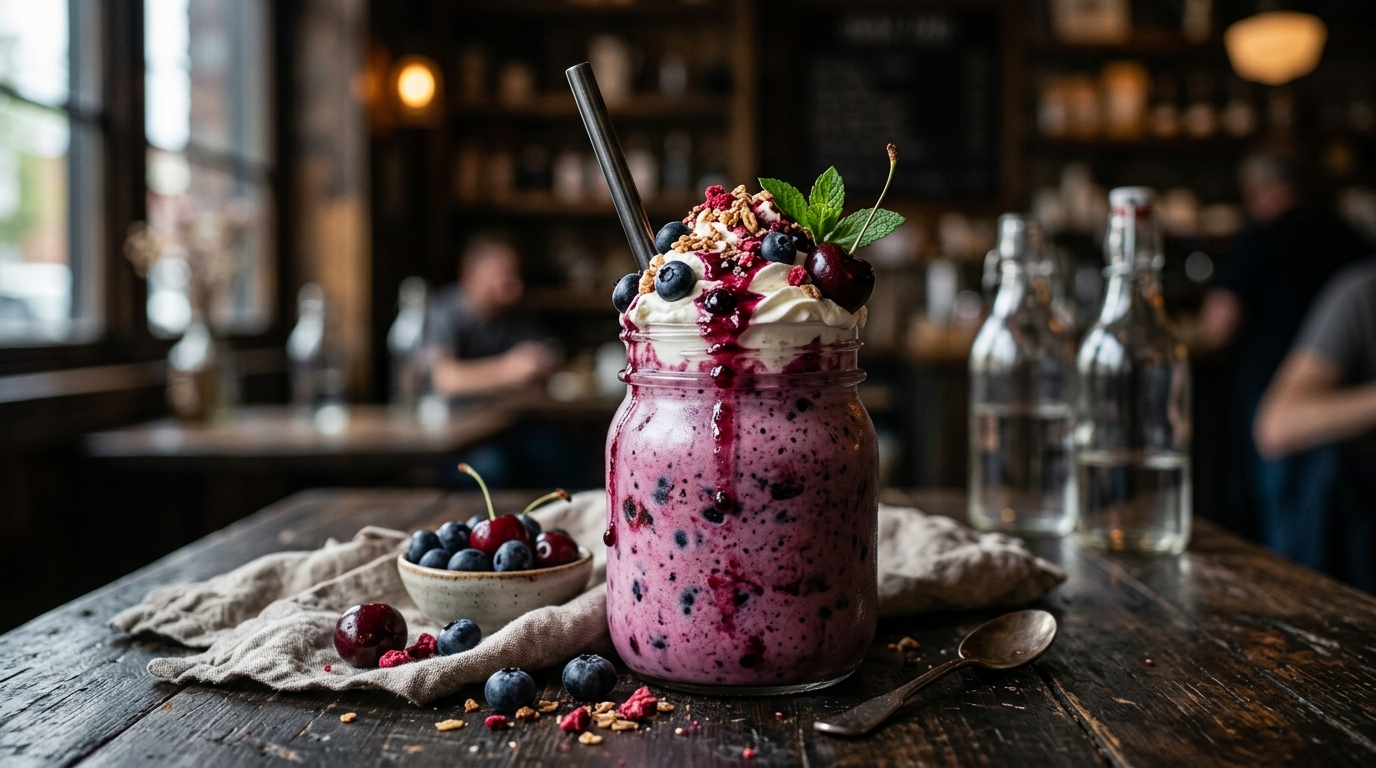Finished luscious blueberry and cherry milkshake served