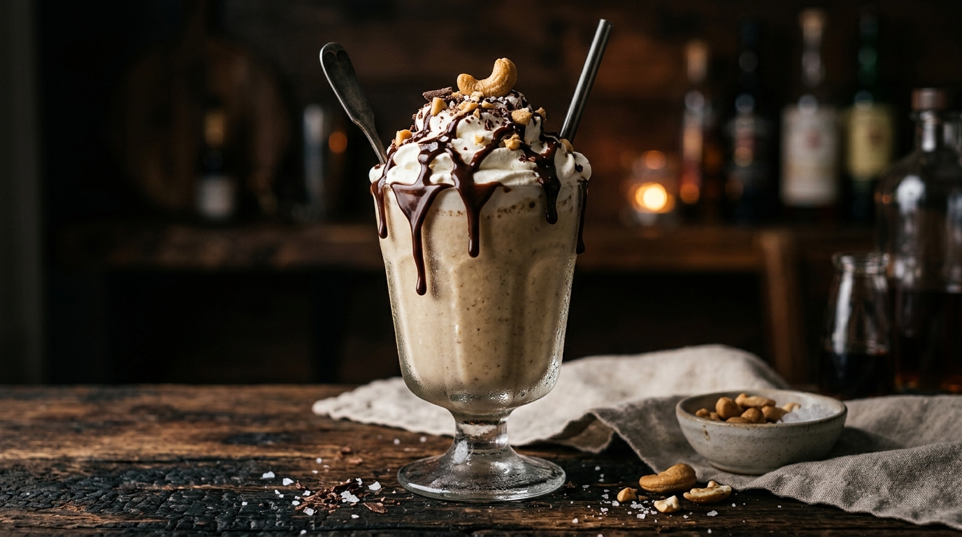Finished salted cashew butter milkshake with dark chocolate drizzle served