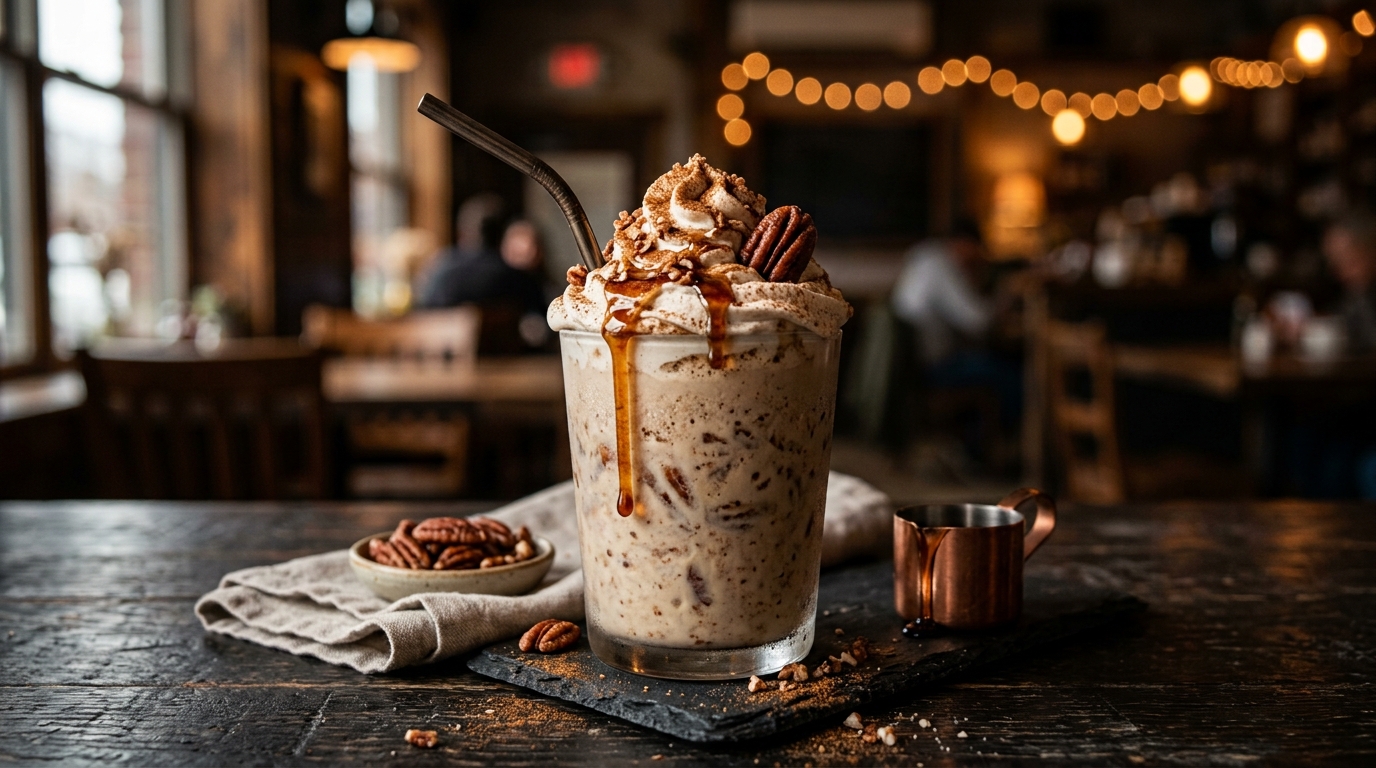 Finished toasted pecan and maple milkshake with cinnamon whipped cream served