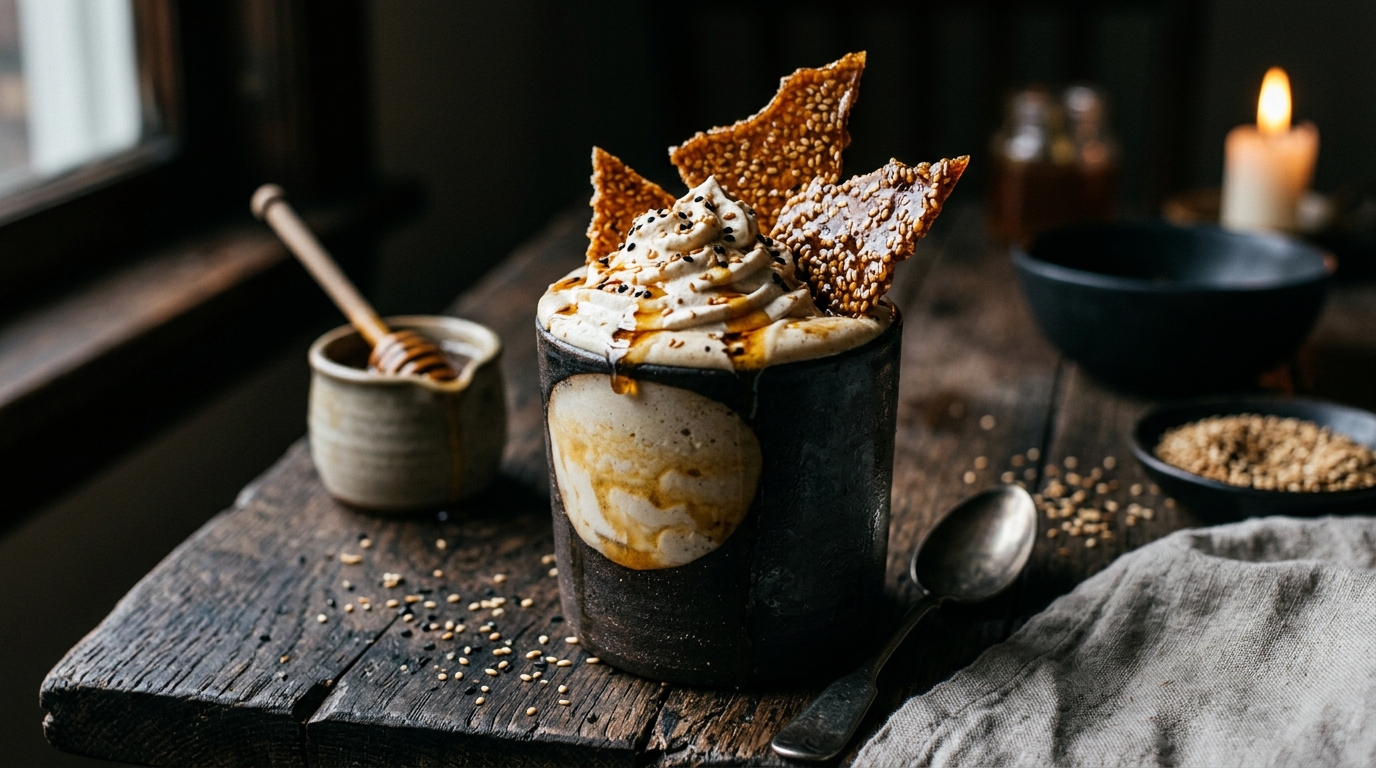 Finished tahini and honey milkshake with sesame brittle served