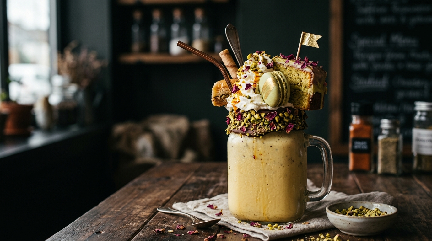 Finished saffron rosewater pistachio freakshake served