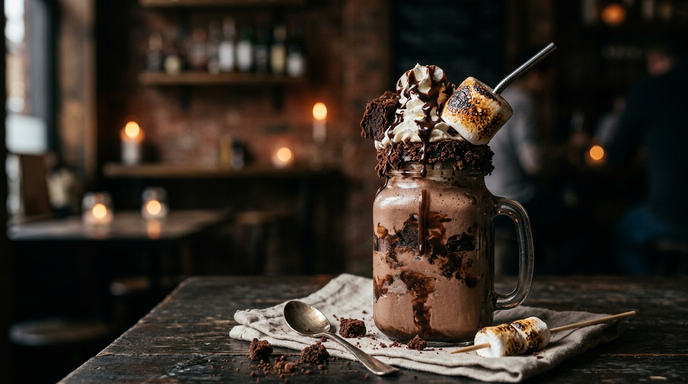 Finished indulgent brownie and marshmallow milkshake served
